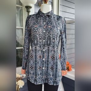 Joe Fresh Peter Pan Collar Abstract Print Floral Trim Buttons Down Shirt Small